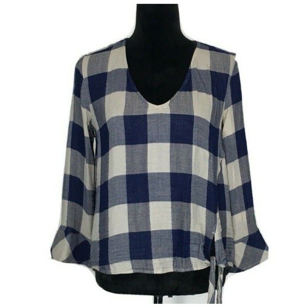 CLOTH STONE Top Anthropologie XS Blue Gray Plaid Gingham Hi Low Side Tie Bell Sl